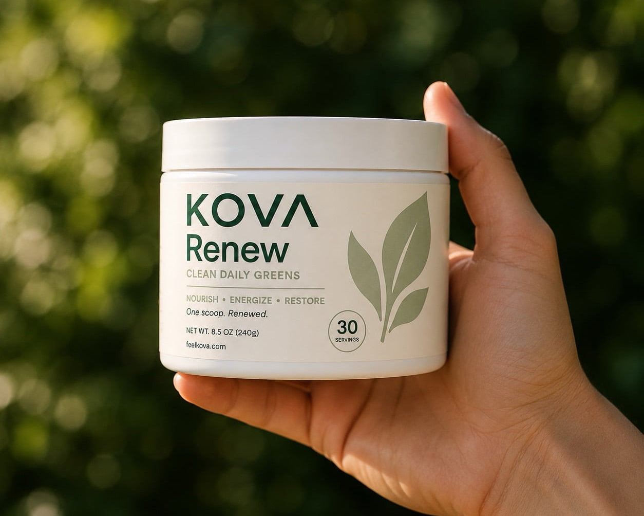 KOVA Renew lifestyle morning ritual — one scoop clean daily greens